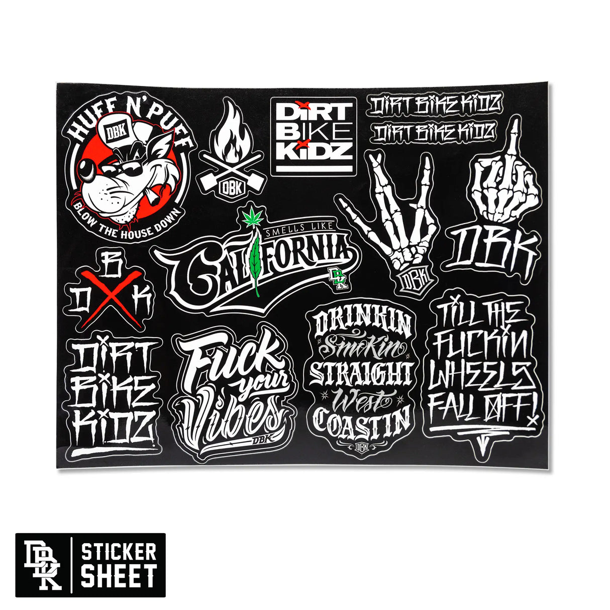Sticker sheet of graffiti-style decals in white, red, and green on a dark sheet
