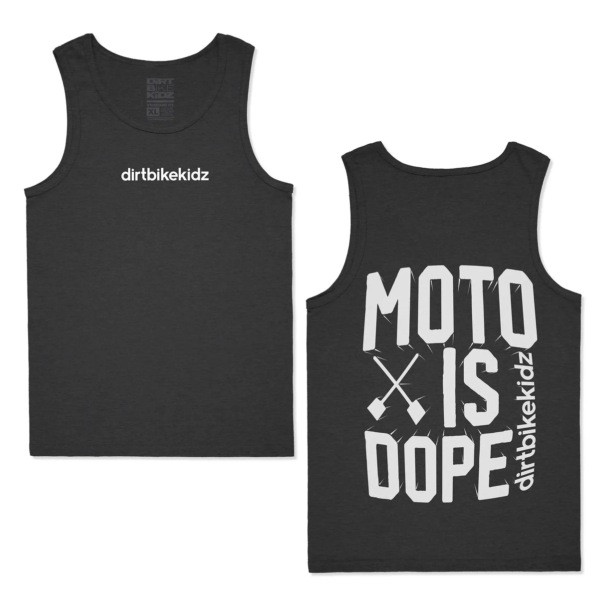 Charcoal gray "Moto is Dope" tank top featuring design on front and back.