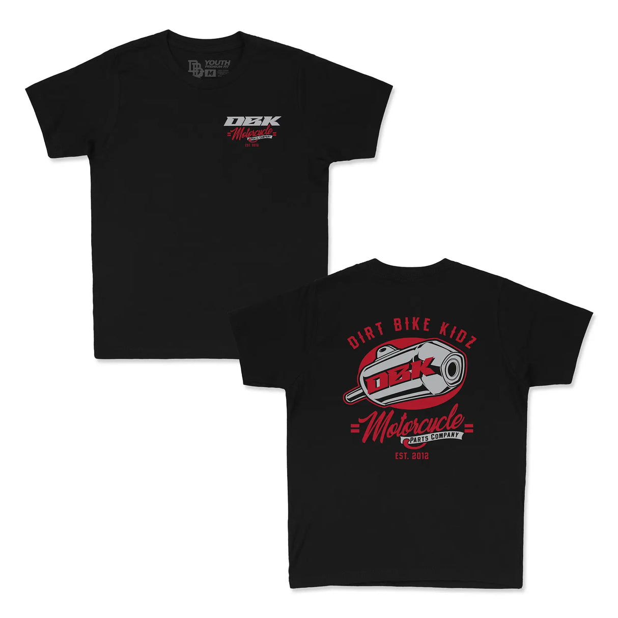 Youth premium tee black, front/back DBK Motocycle graphic and logo