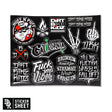 Sticker sheet of graffiti-style decals in white, red, and green on a dark sheet
