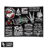 Sticker sheet of graffiti-style decals in white, red, and green on a dark sheet