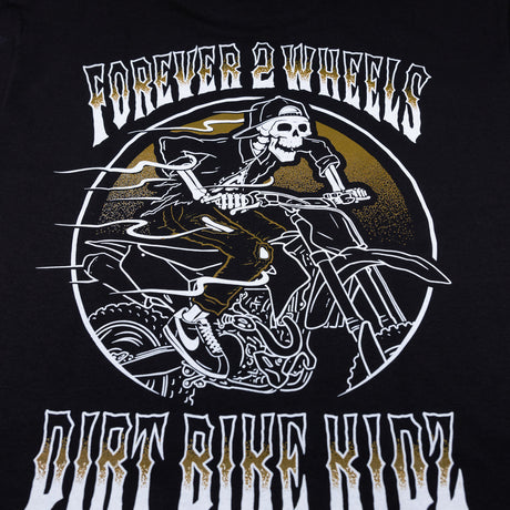 Ghost Rider Tee black T-shirt front graphic close-up with “FOREVER 2 WHEELS” skull rider