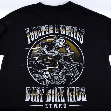 Ghost Rider Tee black T-shirt back close-up of skull biker and “DIRT BIKE KIDZ” text