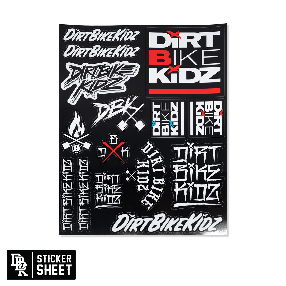Sticker sheet with Dirt Bike Kidz graphic decals in black, white, and red.
