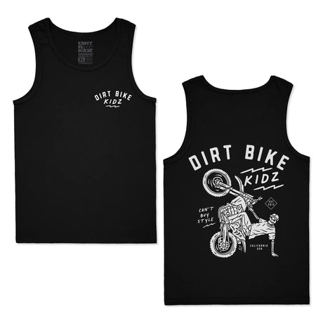 Black adult 12 O'Clock Tank Top front and back view with white Dirt Bike Kidz arch chest logo on front and large skeleton rider doing a wheelie graphic on back reading "Dirt Bike Kidz, Can't Buy Style, Est. 2012, California USA" with Dirt Bike Kidz neck label