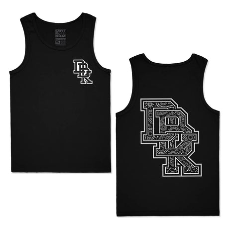 Black adult tank top front and back view with white Dropout chest logo on front and oversized detailed bandana-style DBK graphic on back, Dirt Bike Kidz neck label