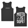 Charcoal gray "Moto is Dope" tank top featuring design on front and back.