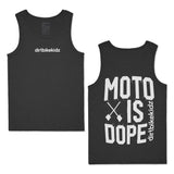 Charcoal gray "Moto is Dope" tank top featuring design on front and back.