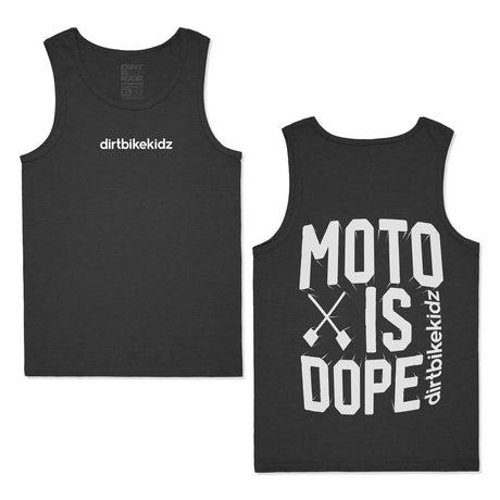 Charcoal gray "Moto is Dope" tank top featuring design on front and back.
