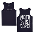 Navy blue tank top with 'dirtbikekidz' and 'moto is dope' branding in white artwork. Front and back view