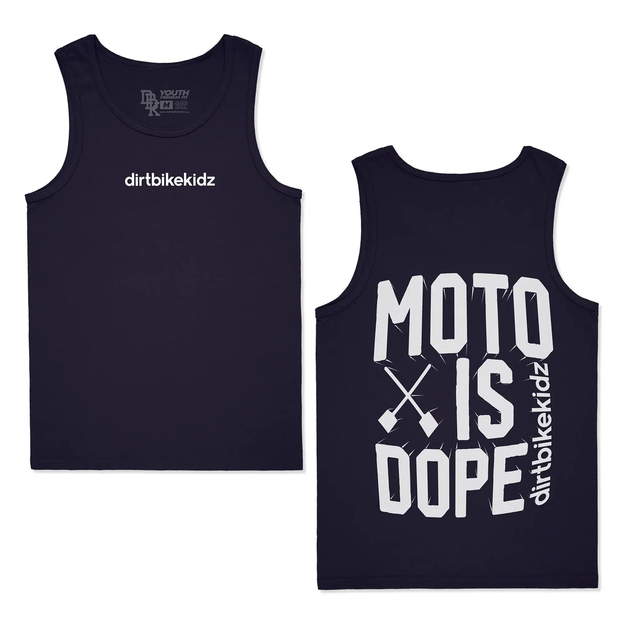 Navy blue tank top with 'dirtbikekidz' and 'moto is dope' branding in white artwork. Front and back view