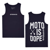 Navy blue tank top with 'dirtbikekidz' and 'moto is dope' branding in white artwork. Front and back view