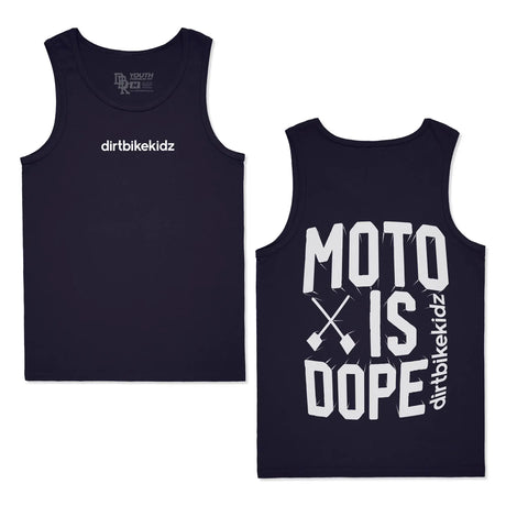 Navy blue tank top with 'dirtbikekidz' and 'moto is dope' branding in white artwork. Front and back view