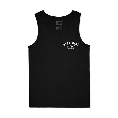 Black adult 12 O'Clock Tank Top front view with white Dirt Bike Kidz arch chest logo with wavy bolt underline and Dirt Bike Kidz neck label