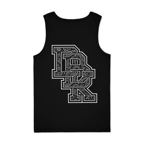 Black adult tank top back view with oversized detailed bandana-style DBK graphic in white and gray tones