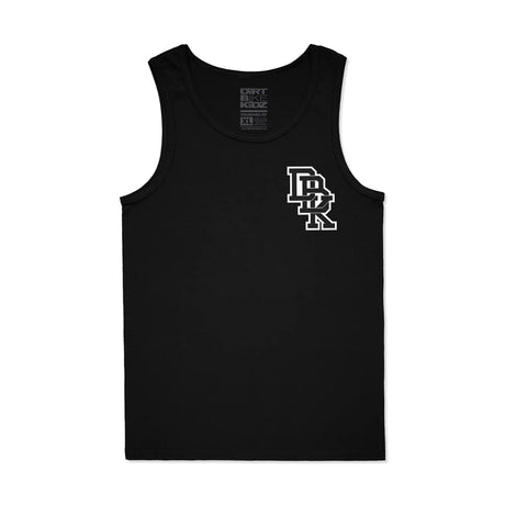 Black adult tank top front view with white Dropout chest logo and Dirt Bike Kidz neck label