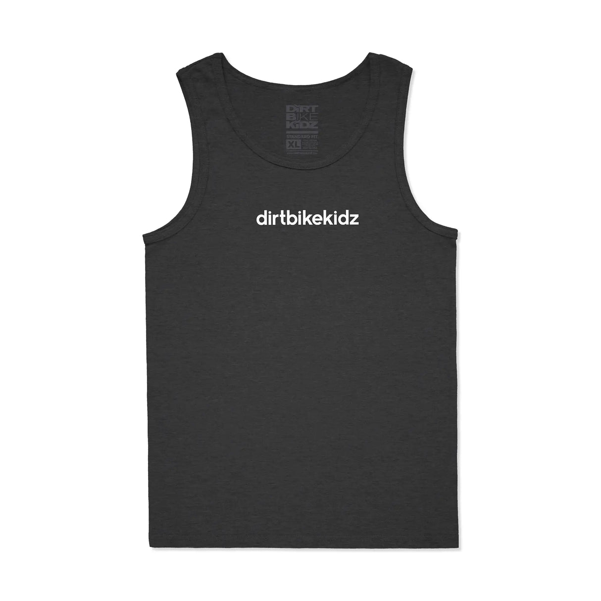 Dark charcoal Moto is Dope adult tank top front view with white Dirt Bike Kidz chest logo and Dirt Bike Kidz neck label