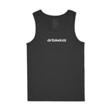 Dark charcoal Moto is Dope adult tank top front view with white Dirt Bike Kidz chest logo and Dirt Bike Kidz neck label