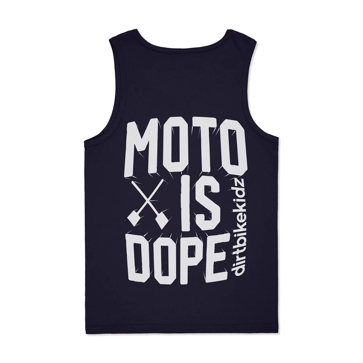 Navy blue tank top with 'moto is dope' branding in white. back view