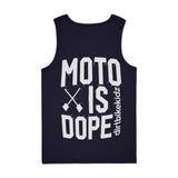 Navy blue tank top with 'moto is dope' branding in white. back view
