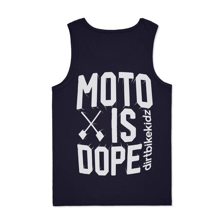 Navy blue tank top with 'moto is dope' branding in white. back view
