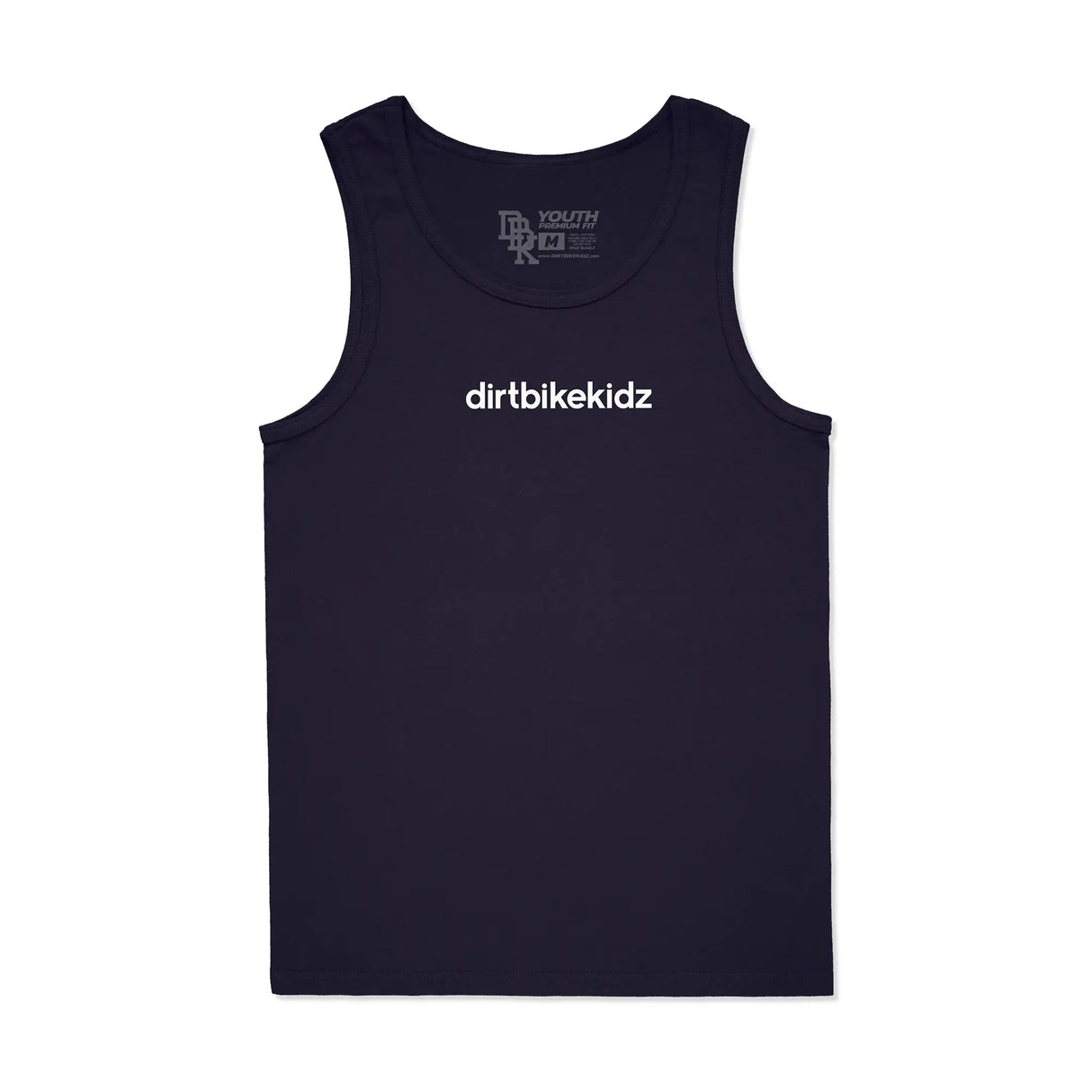 Navy blue tank top with 'dirtbikekidz' branding in white. Front view