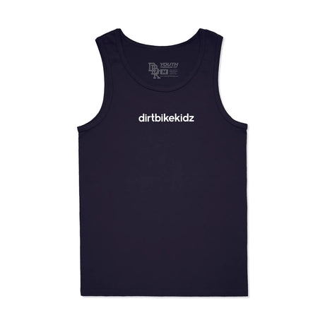 Navy blue tank top with 'dirtbikekidz' branding in white. Front view