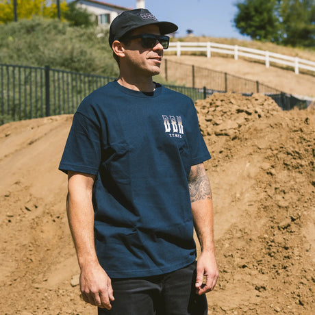 Ghost Rider Tee worn by model, black, front view with small DBK chest logo