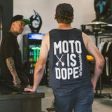 Charcoal gray Moto is Dope tank top with design on back.