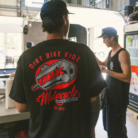 Factory Tee black: back print 'DIRT BIKE KIDZ' with motorcycle parts company
