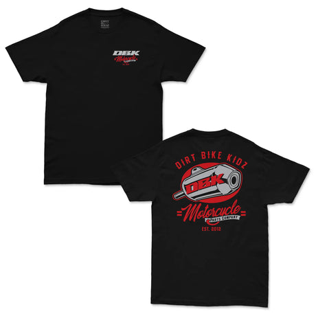 Factory Tee black: front DBK logo, back Motorcycle graphic with text