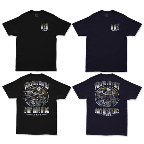 Dirt Bike Kidz Ghost Rider Tee, black and navy colorways, front and back view showing small chest logo and circular skull rider graphic