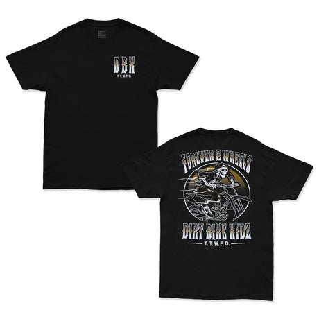 Dirt Bike Kidz Ghost Rider Tee in black, front and back view showing DBK chest logo and Forever 2 Wheels skull rider graphic