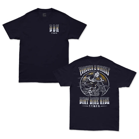 Dirt Bike Kidz Ghost Rider Tee in navy, front and back view showing DBK chest logo and skull rider graphic