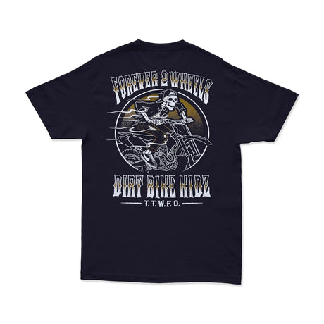 Dirt Bike Kidz Ghost Rider Tee in navy, back view with Forever 2 Wheels skull rider circular graphic
