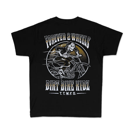 Jugend Premium-Tee schwarz: Rückendruck „Forever & Wheels“ mit Dirt Bike Rider