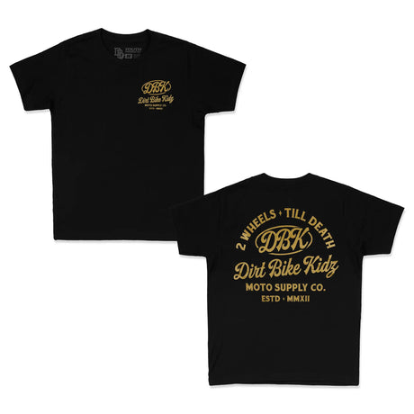 Black youth premium tee with gold DBK front and back graphics