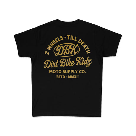 Black youth premium tee with gold "Wheels Till Death" back graphic