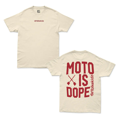 Cream T-shirt with small red “dirtbikekidz” text on the chest
