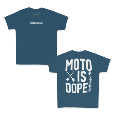 Blue youth premium moto tee set, front logo and back "MOTO IS DOPE" print
