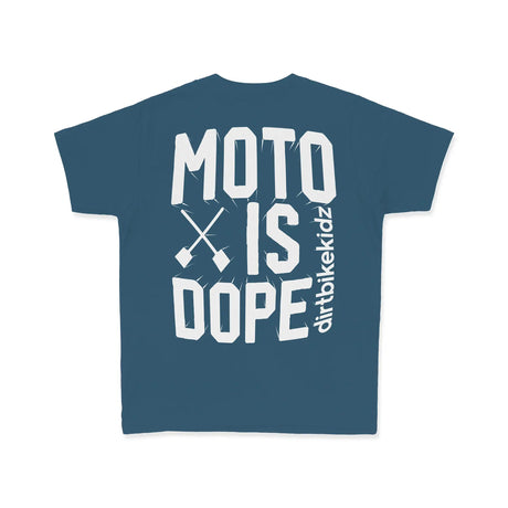 Blue youth premium tee with large "MOTO IS DOPE" back graphic