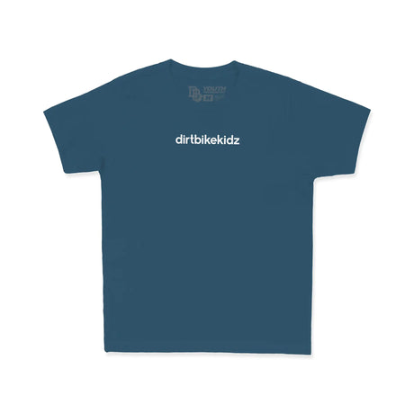 Blue youth premium tee with small "dirtbikekidz" front text