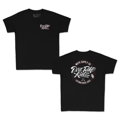 Front and back: Youth premium black T-shirt with large back Moto Supply Co Dirt Bike Kidz logo and smaller chest logo