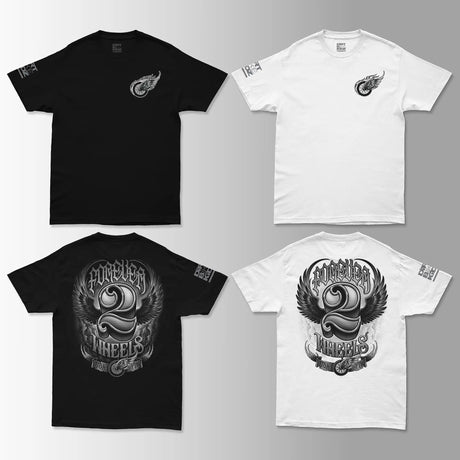 Black and white Forever 2 Wheels t-shirts with motocross designs on a gray background