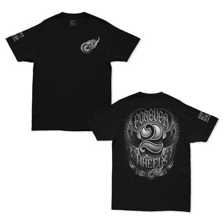 Black t-shirt with Forever 2 Wheels graphic design on front and back on a white background