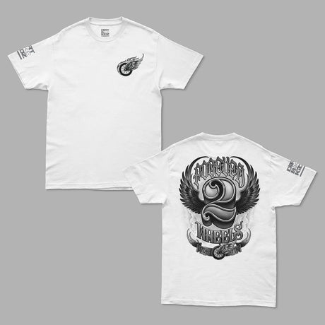 White t-shirt front and back with black Forever 2 Wheels graphic design on a gray background