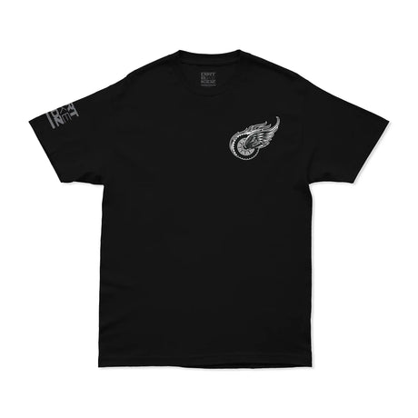 Black t-shirt with a motocross tire logo on the chest against a white background