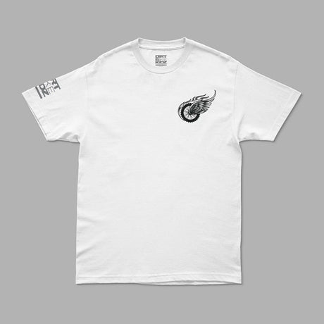 White t-shirt with a small winged motorcycle tire graphic design
