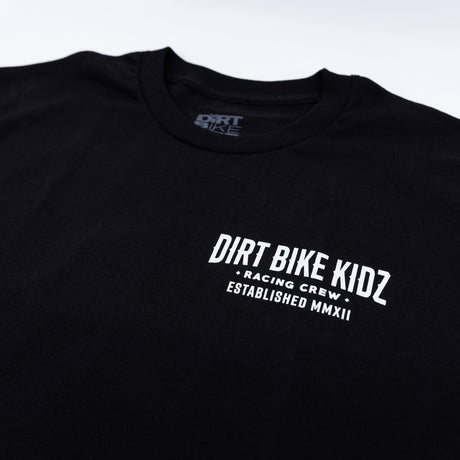 Speed & Style Tee close-up of front chest logo: Dirt Bike Kidz Racing Crew