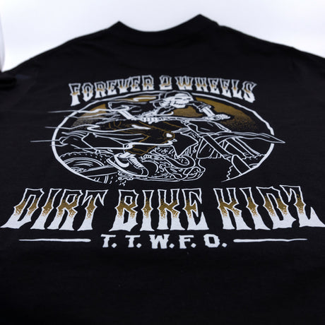 Ghost Rider Tee back graphic close-up, circular skull rider with Forever 2 Wheels Dirt Bike Kidz lettering